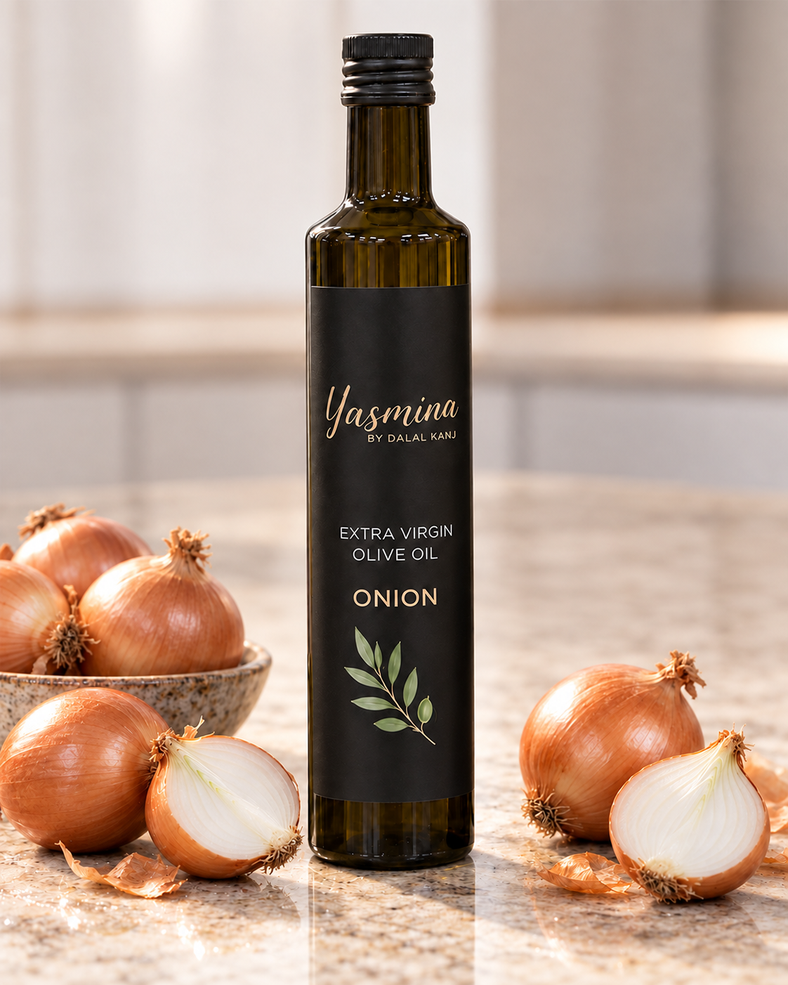 Yasmina by Dalal Kanj, Certified Organic, Extra Virgin Olive Oil bottle with onion flavor