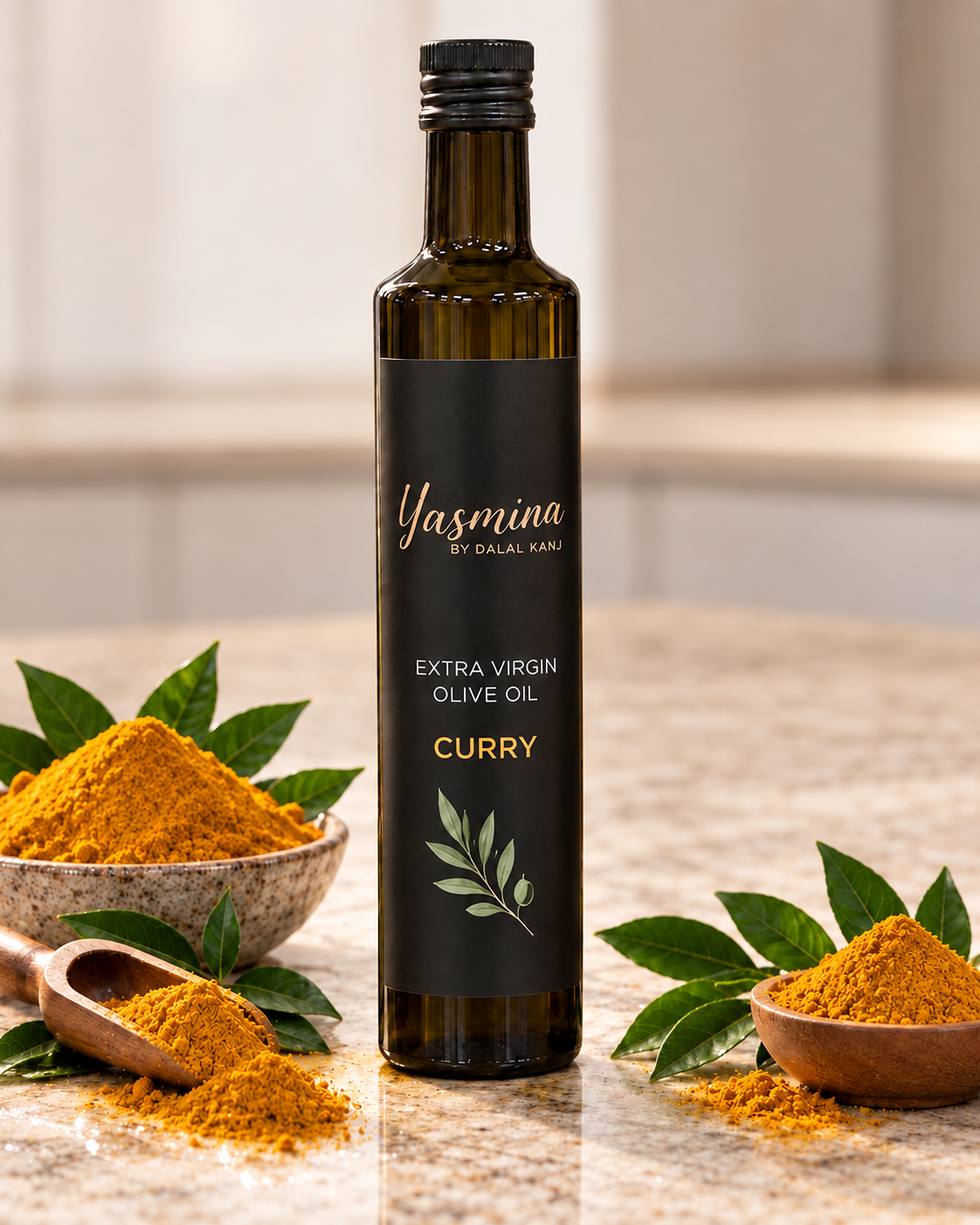 Yasmina by Dalal Kanj certified organic extra virgin olive oil with curry, dark glass bottle surrounded by turmeric curry powder and olive branch